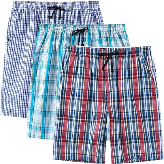 X'soft Men's Sleepwear Shorts Pajama Bottom Lounge Short Plaid Button Open Fly 3Pack